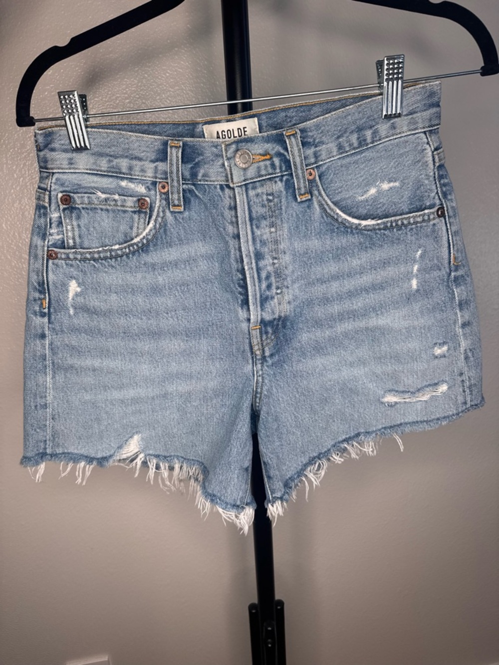 Agolde Light Blue Distressed High-Rise Denim Shorts